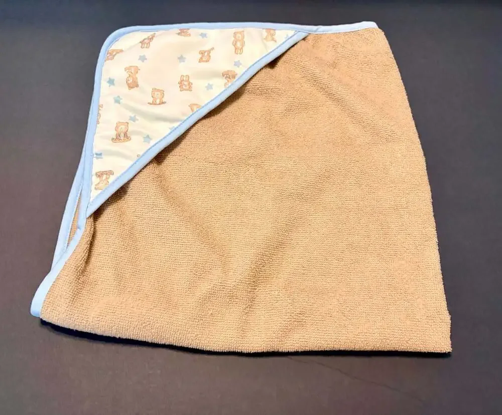 Baby Hooded Bath Towel Brown Bear and Blue Stars Print with Light Blue Trim